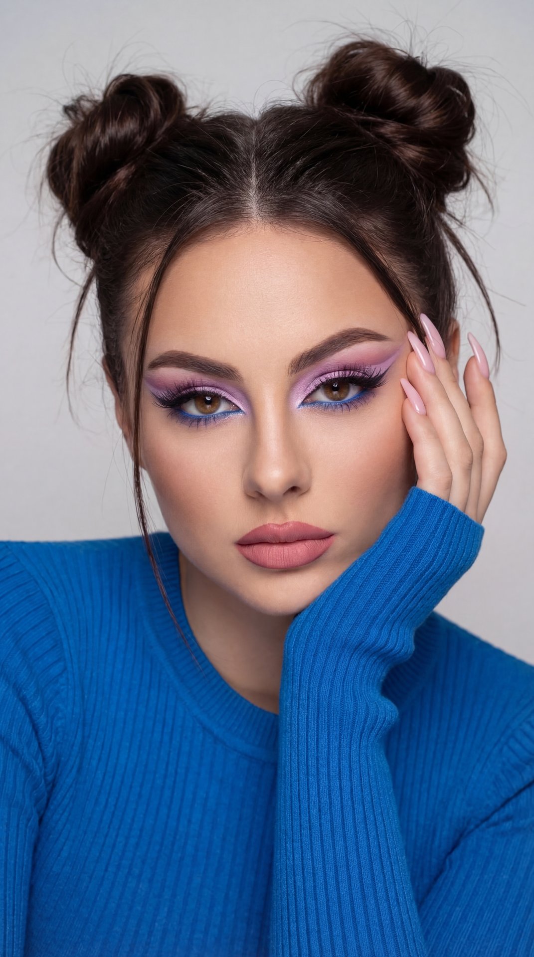 A girl is posed in a close-up portrait, leaning slightly forward. Her right hand supports the right side of her face, with fingers elegantly touching her cheek and chin, showcasing long, manicured nails in a light color. The left arm is bent with the slee