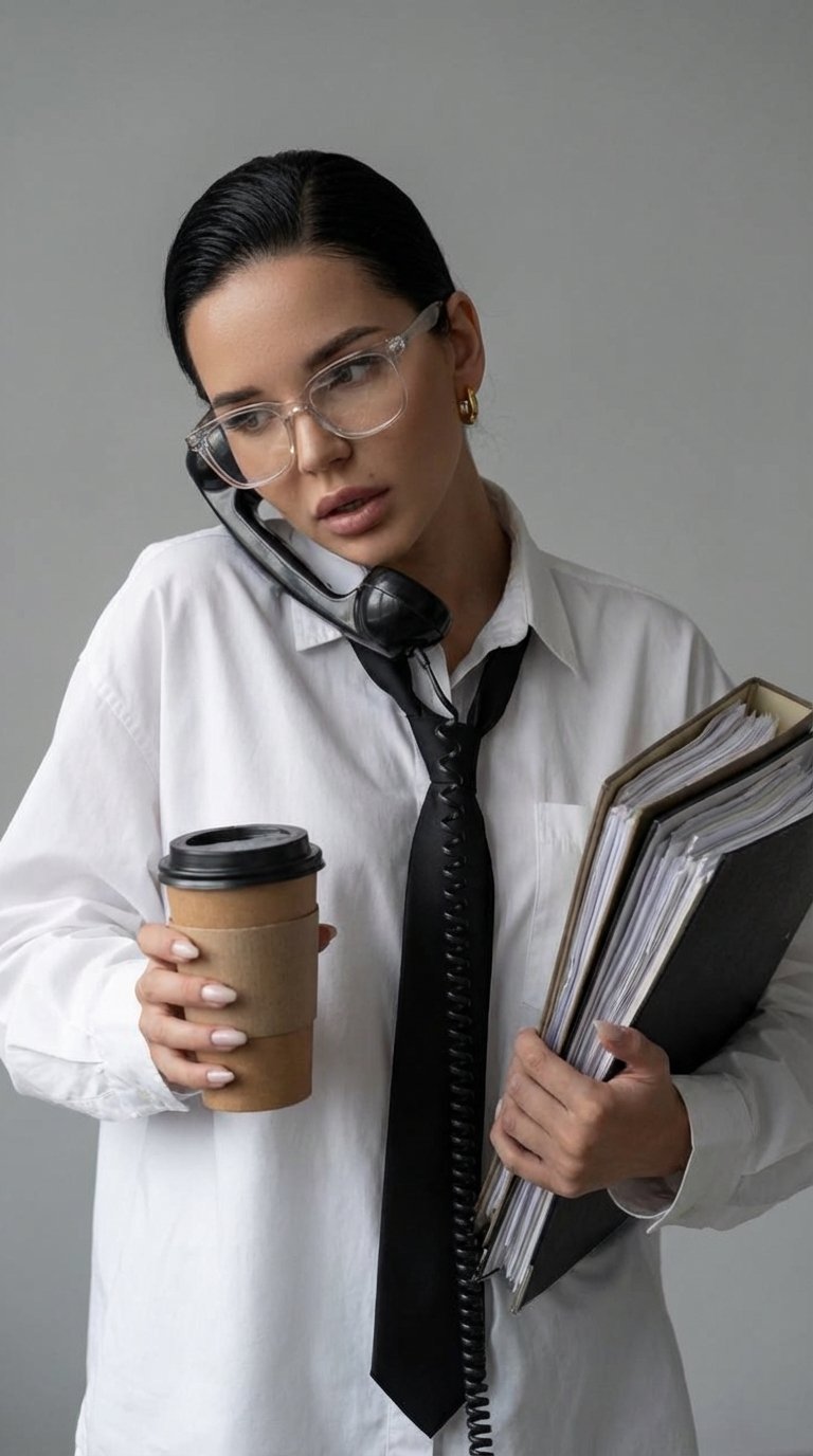 4. A high-fashion studio portrait of a modern businesswoman overwhelmed by work. A stylish woman with slicked-back hair and transparent glasses balances multiple tasks at once: holding thick folders filled with documents, two takeaway coffee cups, and a v