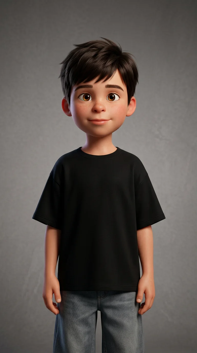 3D-анимация качества Pixar, мальчик 9 лет темно русые  волосы, выразительные глаза, детализированное лицо, кинематографическое освещение, красочный, анимационный персонаж фильма
Мальчик  в черной оверсайз футболке , широких серых джинсах.
Серый фон.
9:16