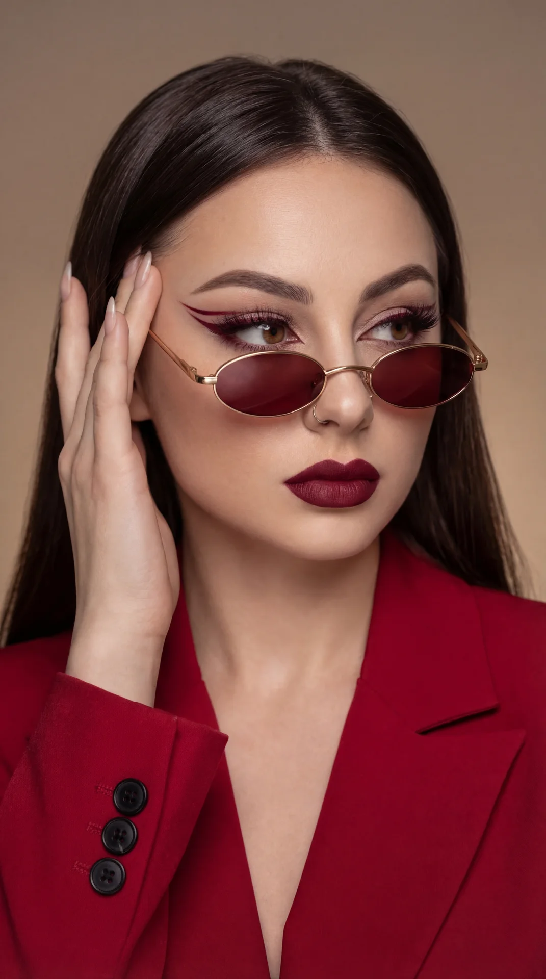 A girl is captured in a professional, stylized photo shoot presenting a confident and slightly playful demeanor. She is posed with her head turned slightly to her right (viewer’s left), her gaze directed off to the side with eyes looking to the right as w