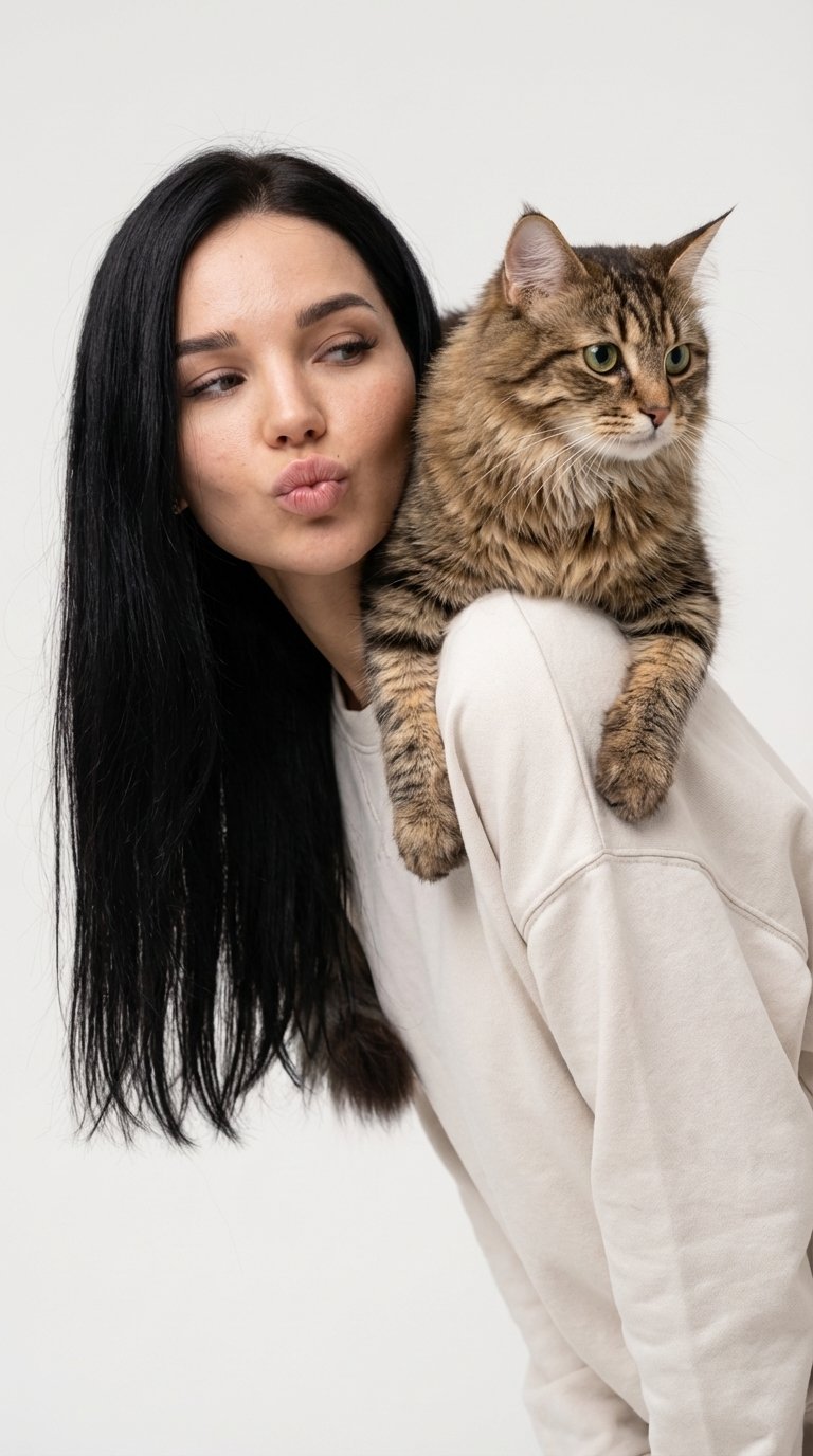 Студийный fashion-портрет на светлом фоне. Девушка слегка наклонена вперёд, корпус в полуповороте. На её плече спокойно лежит кот мэйнкун, передними лапами обнимая плечо. Девушка делает лёгкий «поцелуй» губами в сторону, жест игривый, момент живой и естес