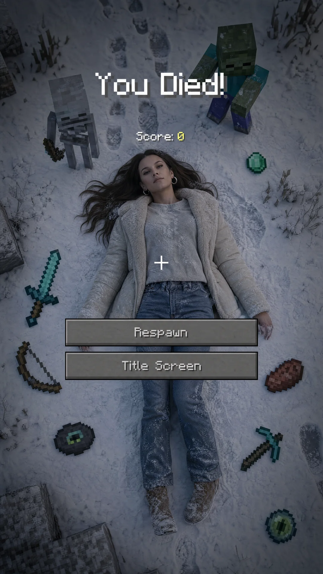 Use 100% of the face and body from my reference image. Create a cinematic winter scene with a top-down view inspired by a Minecraft death screen. The person is lying on their back in the snow, wearing casual winter clothing, realistic pose, cold atmospher