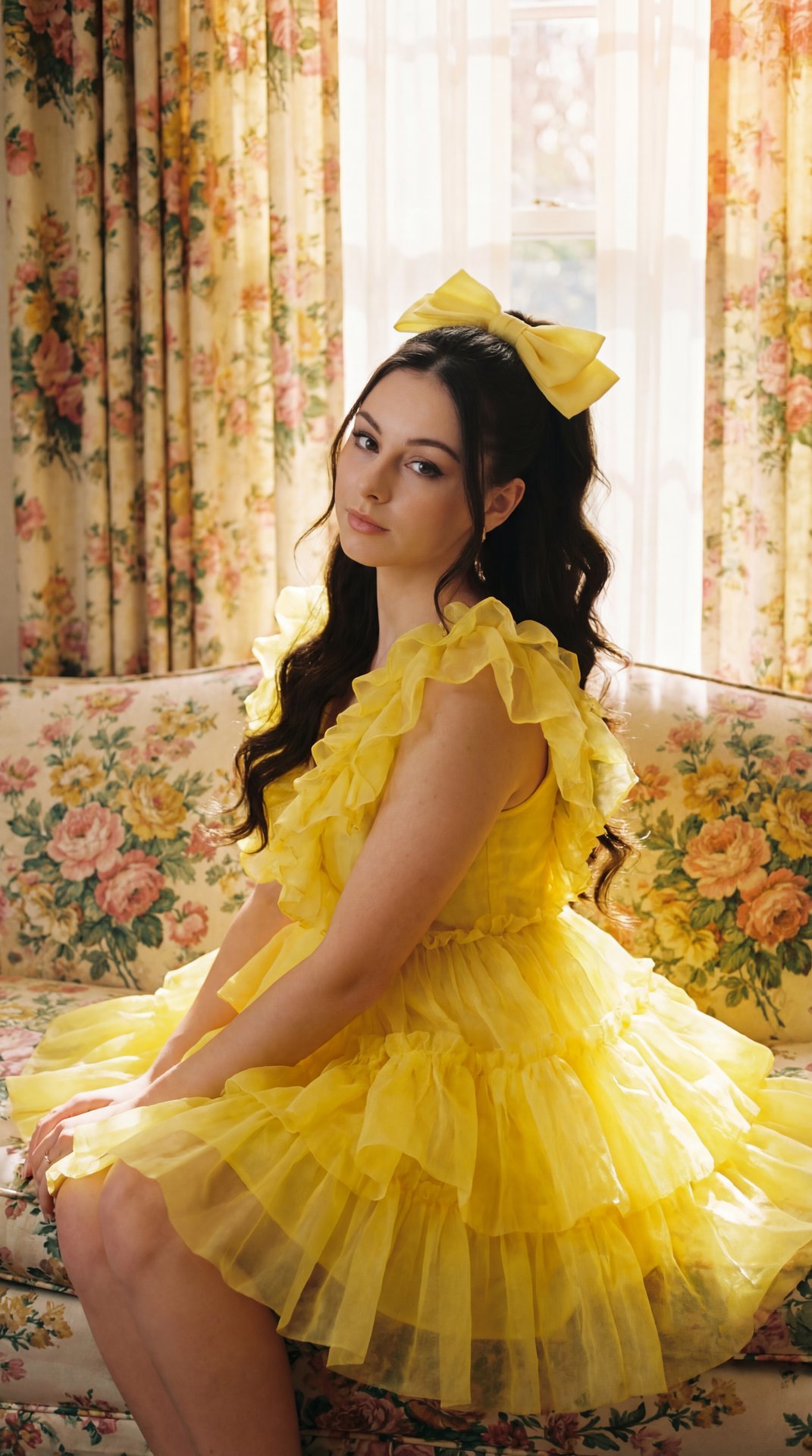 The image features a woman seated on a floral-patterned couch or bed, with curtains in the background decorated in a similar floral design. She is dressed in a bright yellow dress with multiple layers of ruffles that add a voluminous texture. Her attire i