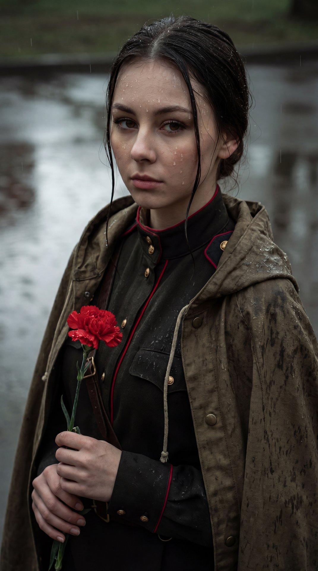 Hyperrealistic dramatic portrait, a young woman in a Soviet military uniform and a wet canvas poncho standing in light spring rain. She is holding a single red carnation. Melancholic but proud expression, wet fabric texture, water drops on her face, cinem