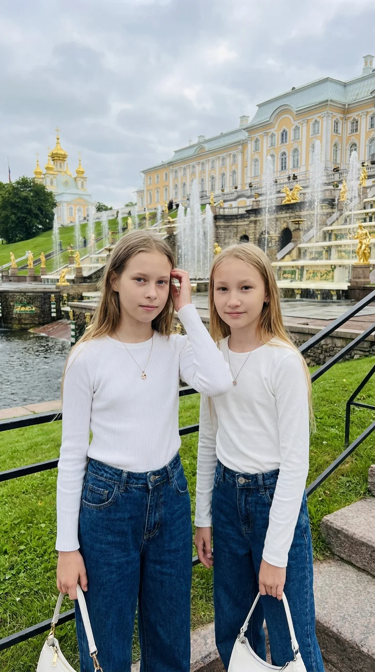 Сохрани лицо, схожесть 1:1 без изменений. Две девочки 10–11 лет, подружки, естественные улыбки. Кэжуал смартфонное фото у Большого каскада в Петергофе. Поза непринуждённая: обе с распущенными волосами, одна рука у головы поправляет волосы (естественное дв