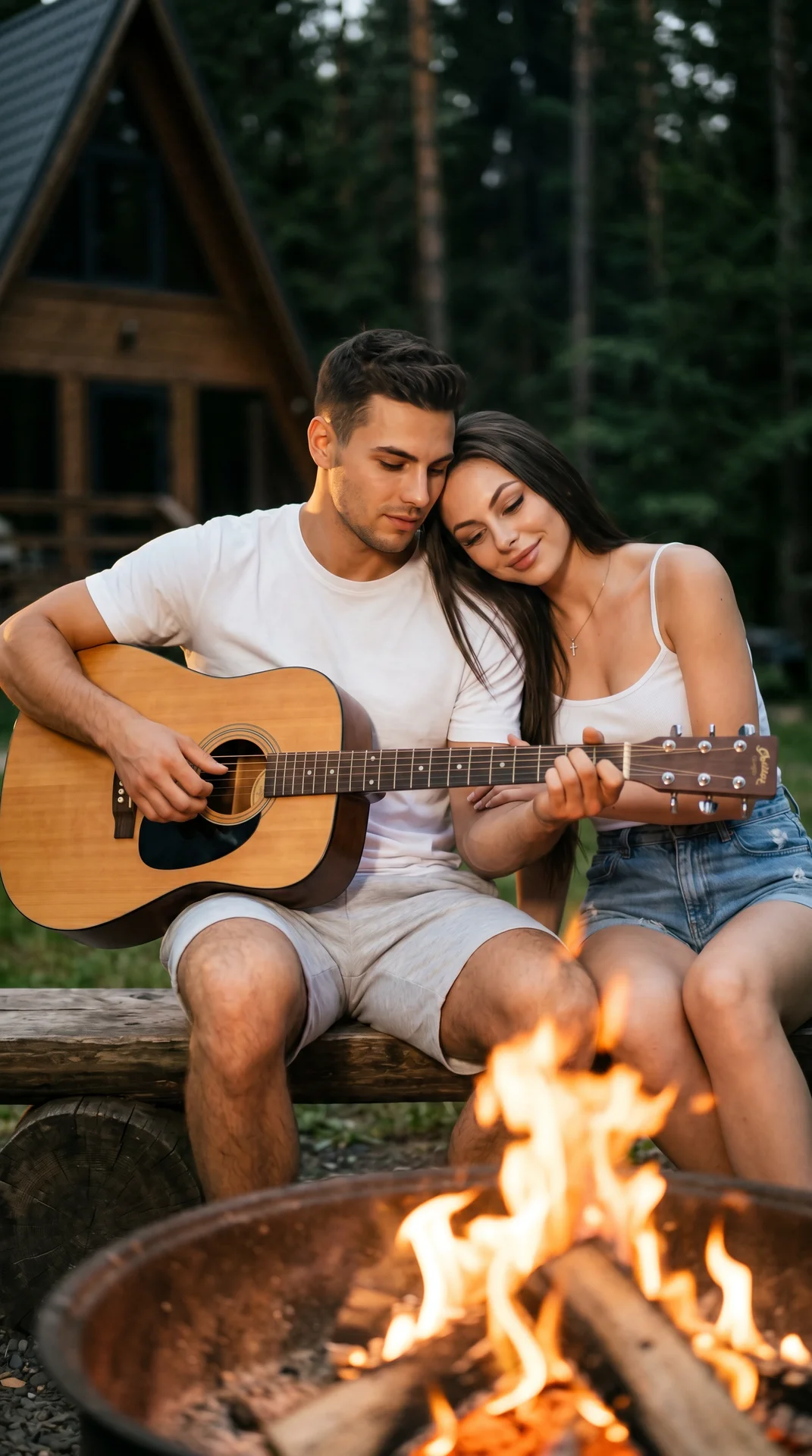 hyper‑realistic photograph, 9:16, intimate campfire scene: мужчина в белой футболке и светло‑серых шортах сидит на скамье с акустической гитарой на коленях, женщина в белой майке на тонких бретелях и джинсовых шортах прислонила голову к его плечу и смотри