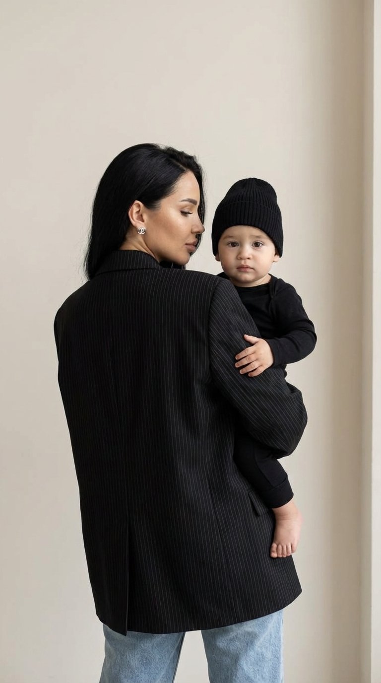 Use the uploaded photo as the exact face reference and keep the faces identical (eyes, nose, lips, skin tone, hairstyle, proportions). Recreate the same composition exactly: a stylish woman standing with her back slightly turned to the camera while holdin