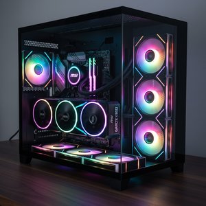 "Photorealistic, close-up shot of a high-end gaming PC setup inside a 1STPLAYER MEGAVIEW MV8-TP Black dual chamber PC case, placed on a wooden desk. The case features a tempered glass front and side panel, revealing the internal components illuminated by 