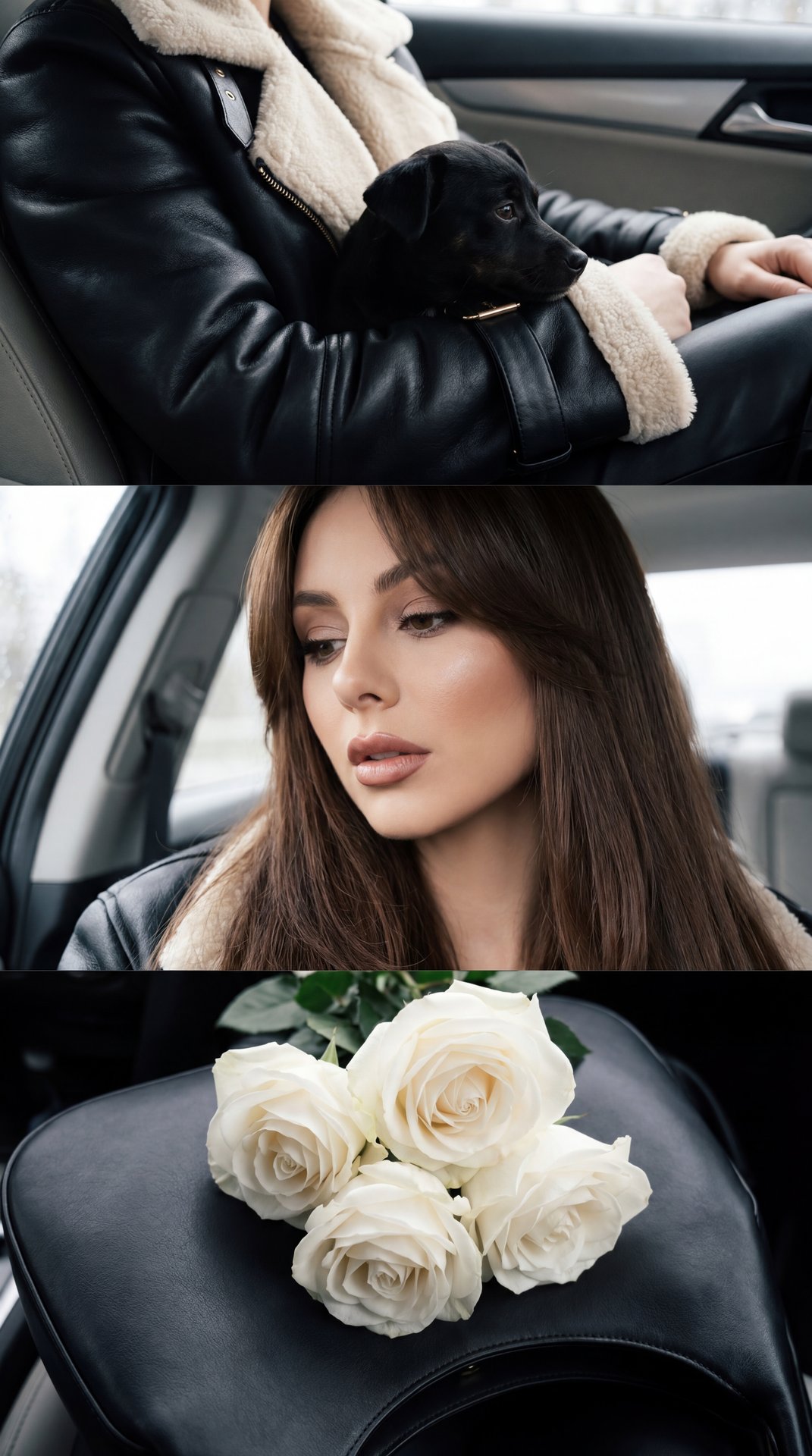 Professional triptych photo inside a car, editorial and high-resolution: 
- Top: tight close-up of forearms gently cradling a small black dog on the lap; arms relaxed, hands mostly out of frame. 
- Center: extreme close-up beauty portrait of a woman, head