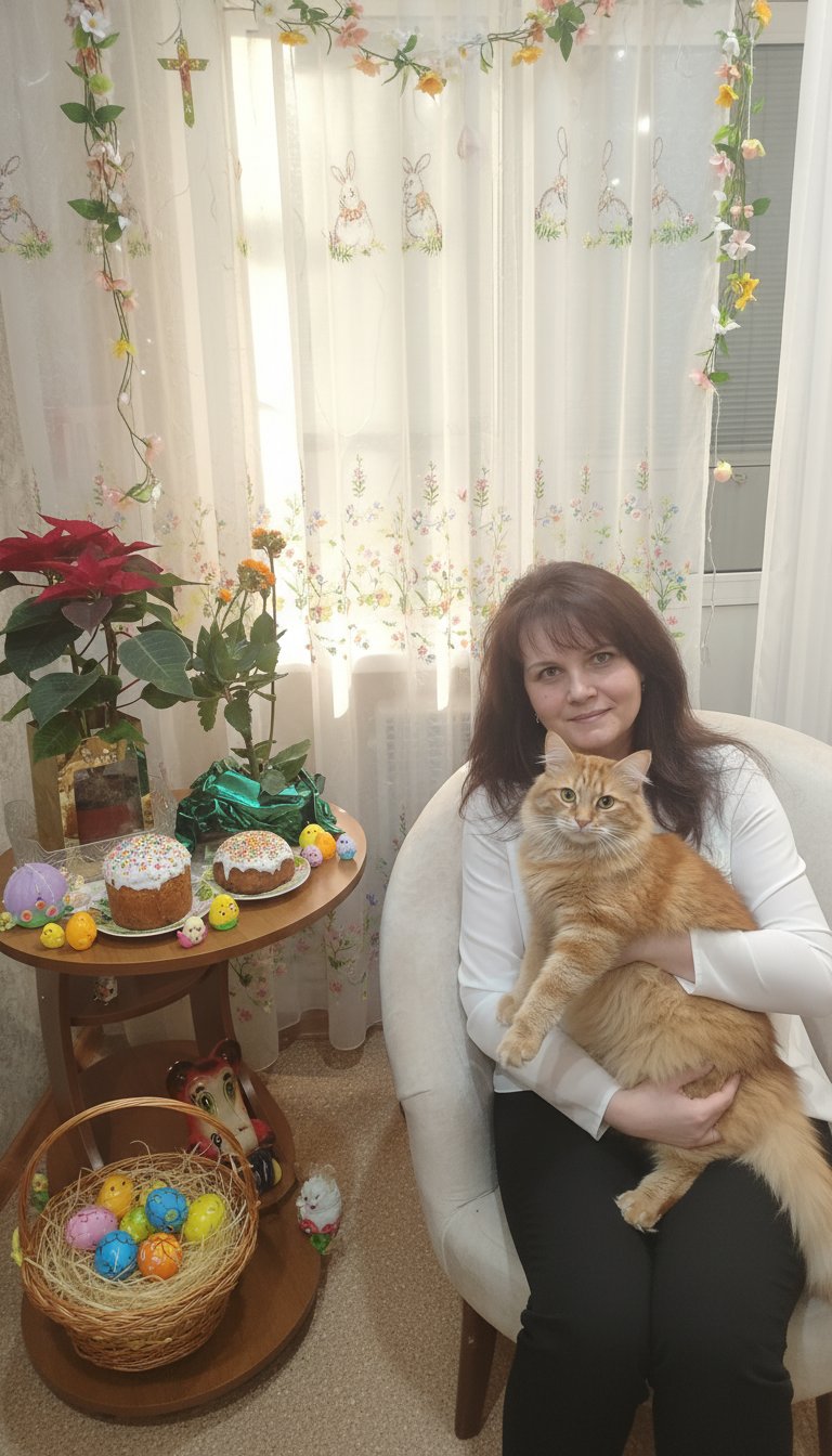 Оживить. На руках кот. Стилизация под праздник Пасхи.