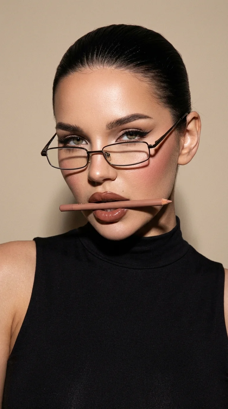 ultra-detailed beauty portrait of a stylish woman wearing a black sleeveless high-neck top. Hair styled in a sleek tight bun revealing the face. Accessories: narrow rectangular eyeglasses resting slightly low on the nose. Makeup: luminous skin with subtle