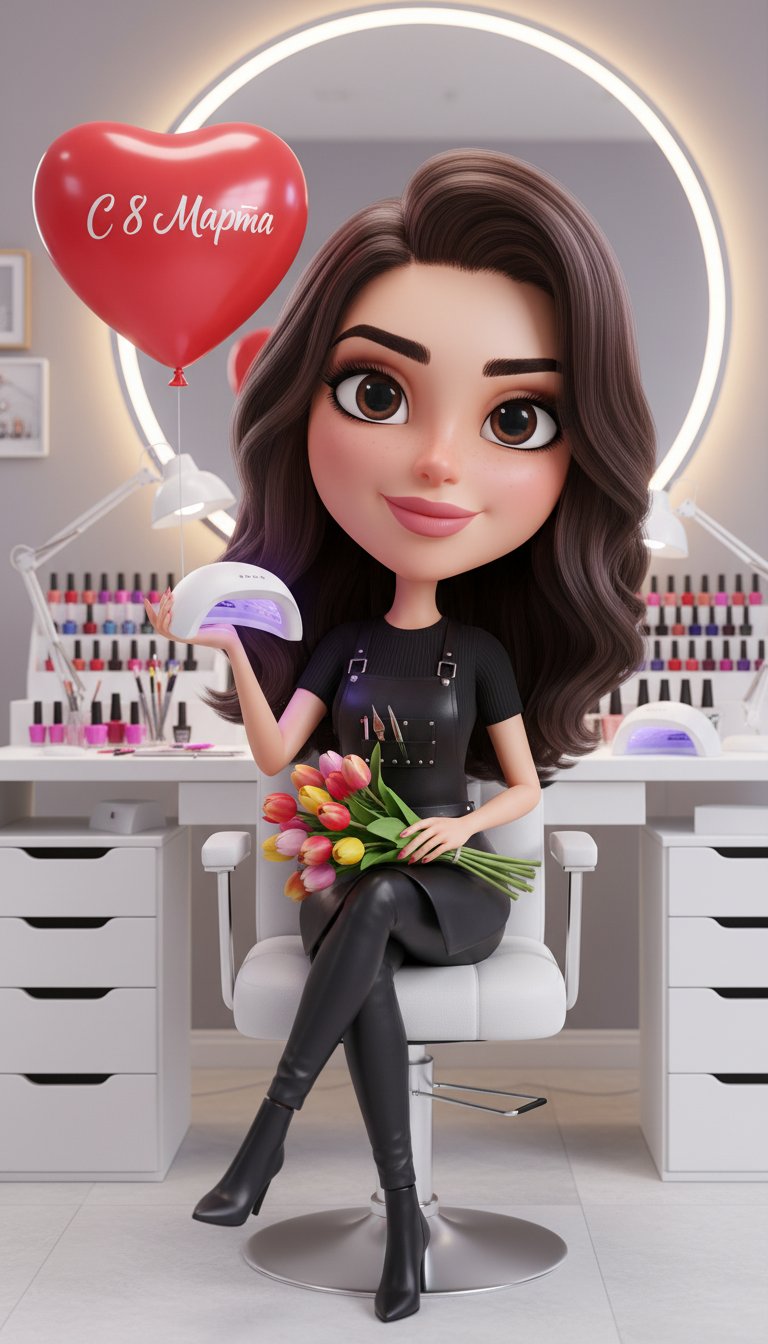 cute stylized 3D caricature female nail technician, big head small body proportions, sitting in a modern manicure salon chair, legs crossed, confident and elegant pose, long glossy dark hair styled in soft waves, perfect makeup, thick eyebrows, big expres