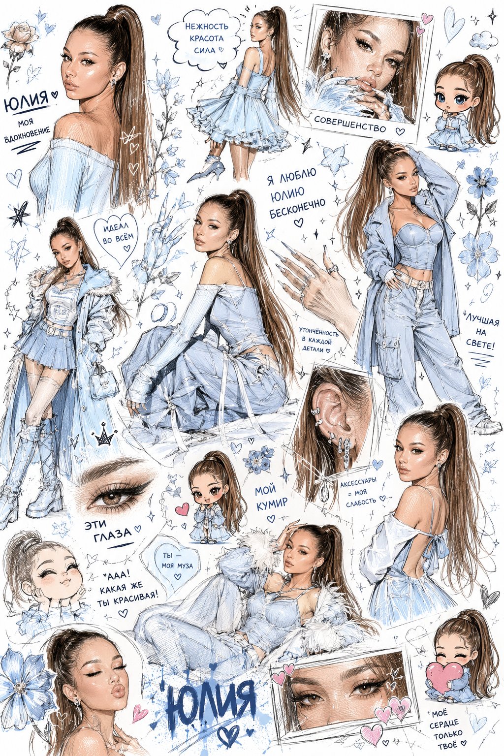 Follow the prompt: Draw [ Юлия ] as if an obsessed fan artist filled an entire sketchbook page — messy overlapping full-body poses, tiny chibi doodles, exaggerated expressions, random close-ups of hands, eyes and accessories, chaotic fangirl sketchbook en