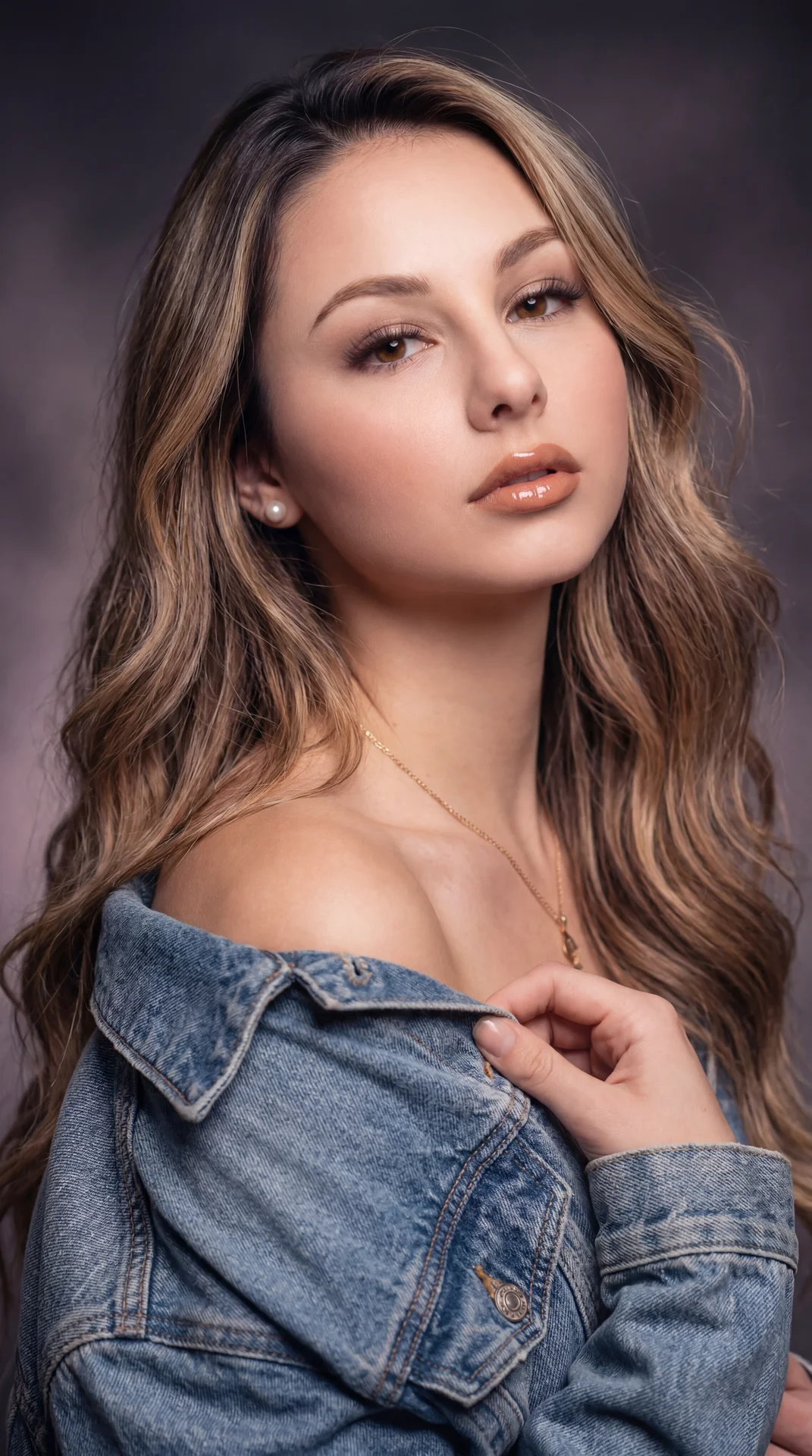 Create image: use the attached image for facial reference with high precision while preserving exact facial structure and natural asymmetry.

SCENE:
Late-90s glamour studio portrait. Subject wearing a classic blue denim jacket softly draped around the sho