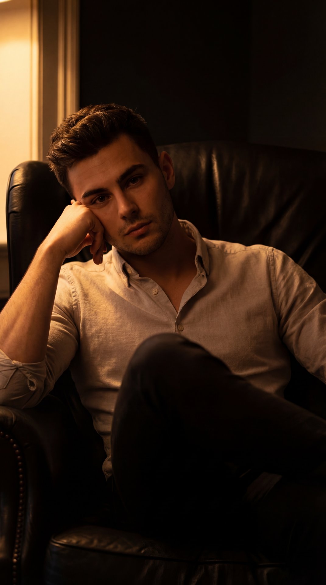 The image depicts a young man seated in an armchair, enveloped in a moody, dimly lit atmosphere. The lighting cast a warm, amber glow primarily from the left side, highlighting his features and casting deep shadows across the scene. He is wearing a light-