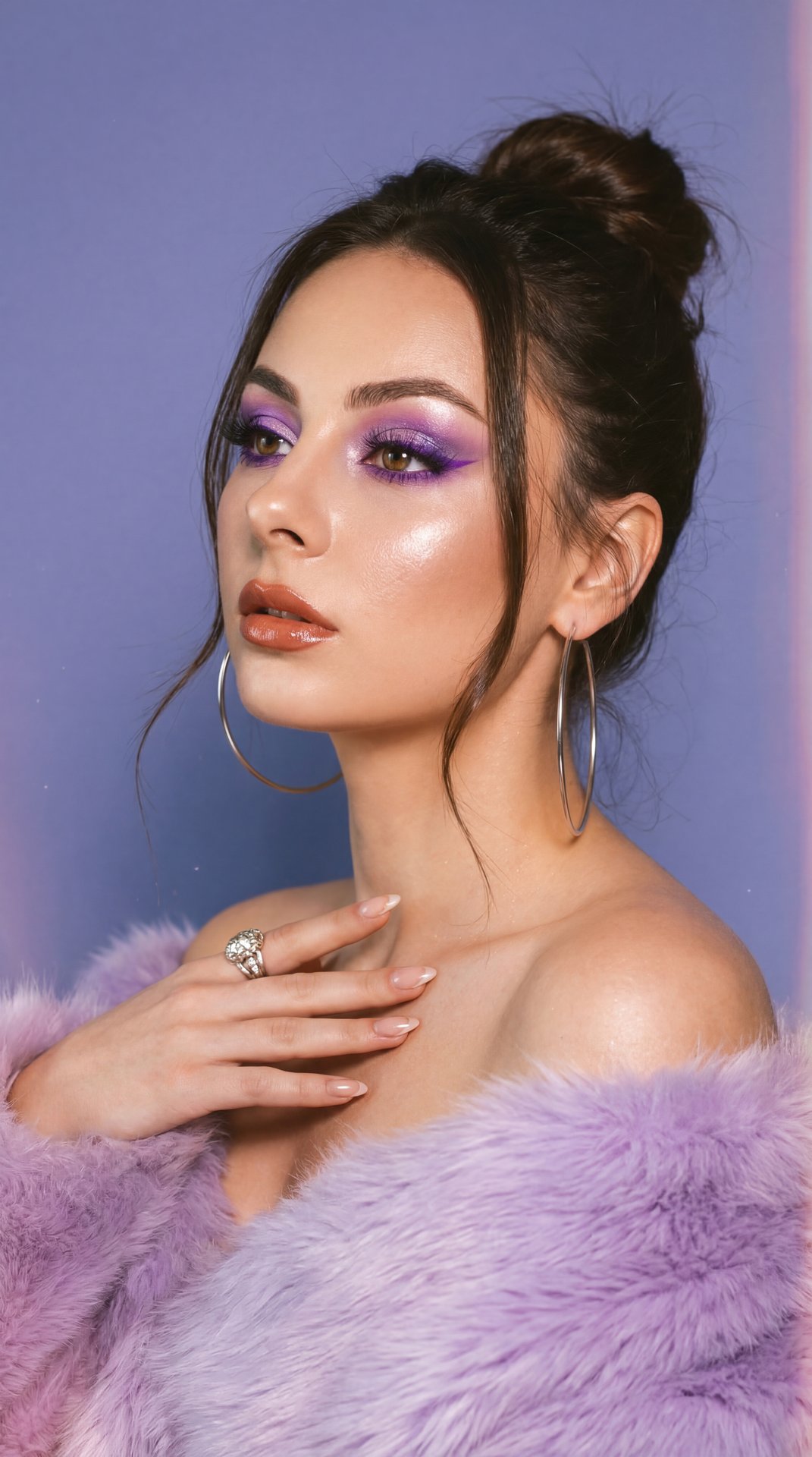 A girl is posed in a three-quarter profile with her head turned slightly to her left and tilted upward, directing her gaze out of the frame in a confident and reflective manner. Her shoulders are bare, showcased by an off-the-shoulder, fluffy lavender fur
