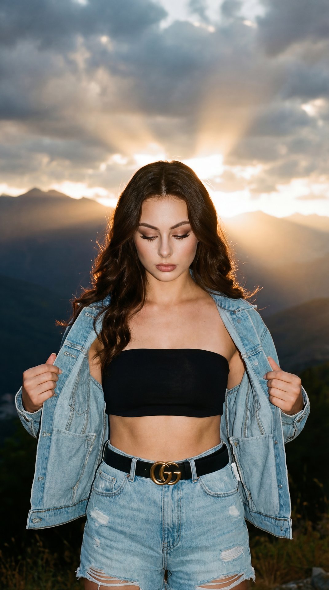 A girl stands outdoors in front of a dramatic mountainous landscape during sunset, with warm rays of light breaking through clouds behind her, creating a striking and serene atmosphere. She is posed facing slightly downward with her head tilted forward, h