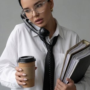 4. A high-fashion studio portrait of a modern businesswoman overwhelmed by work. A stylish woman with slicked-back hair and transparent glasses balances multiple tasks at once: holding thick folders filled with documents, two takeaway coffee cups, and a v
