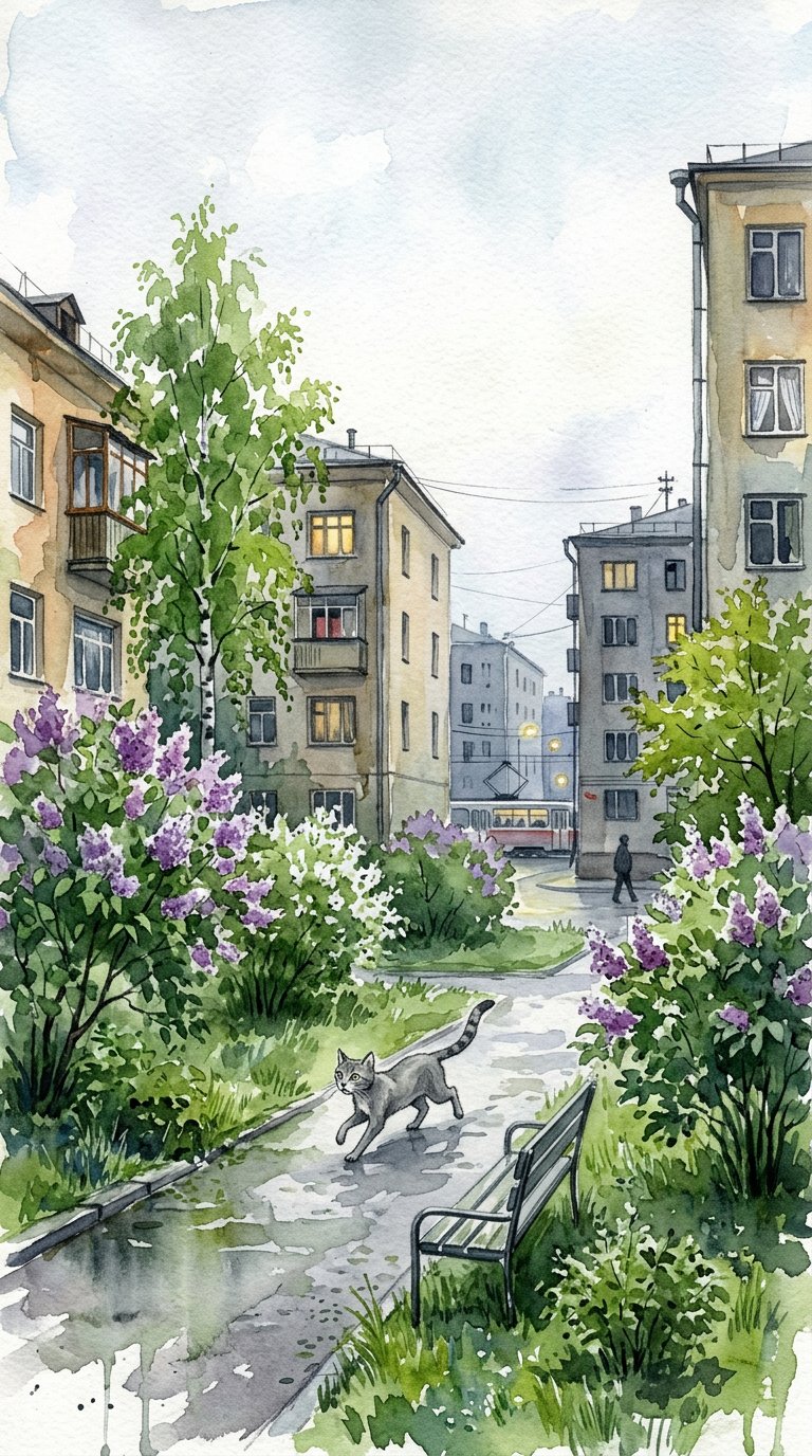 Нарисуй мне утро в городе. Май. Сирень. Шесть утра небо ещё белое, город только просыпается, много зелёных деревьев.
По двору бежит кошка серого окраса.
Но утро тревожное.
Рисунок в стиле акварели. Ь