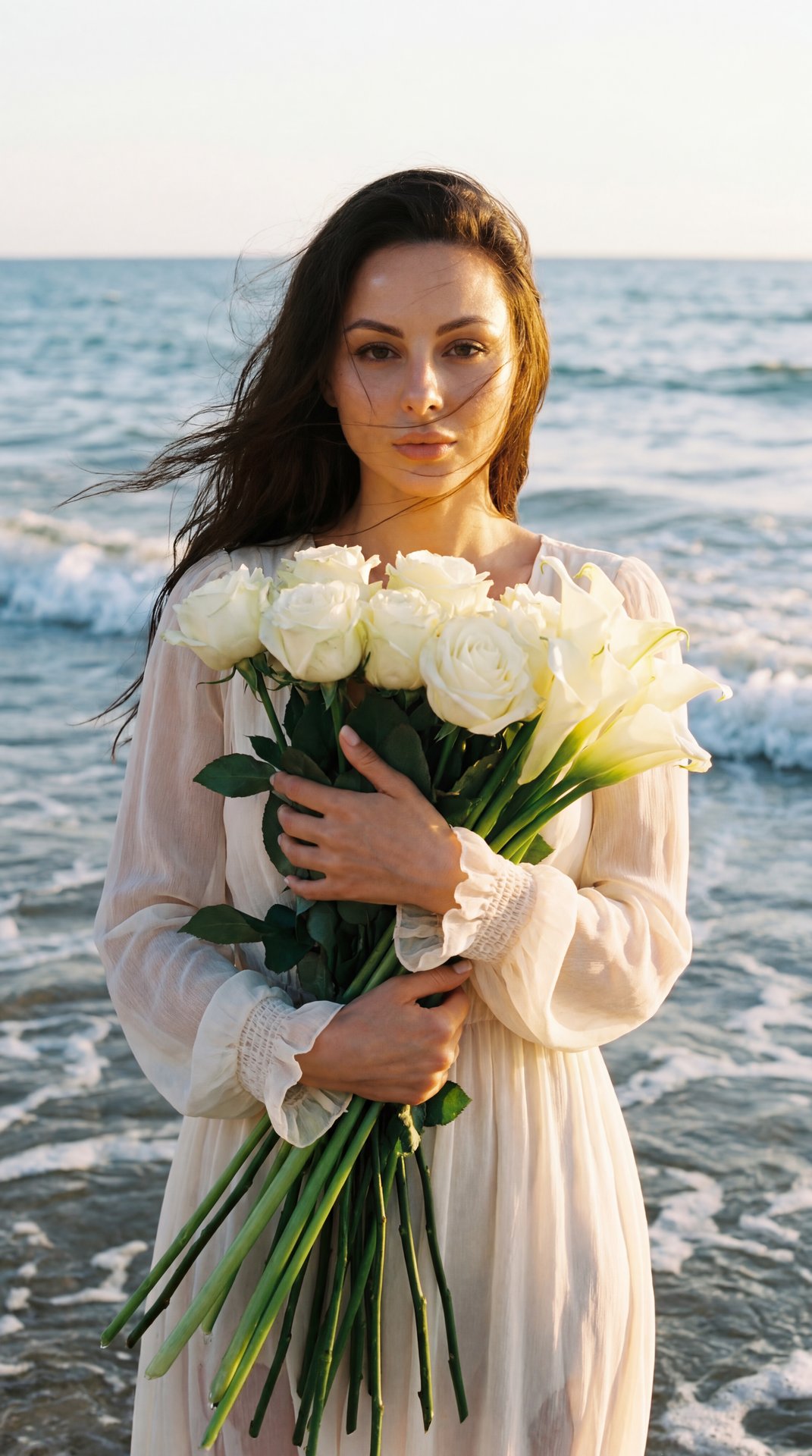 raw vogue flash portrait, waist-up female portrait standing in shallow ocean waves during golden hour, soft luxurious daylight, cinematic natural lighting, direct eye contact into camera, woman holding long-stem white flowers with both hands close to ches