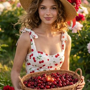 Ультра-фотореалистичный вертикальный портрет 9:16 красивой молодой женщины, снятый крупным планом. Это должно выглядеть как подлинный, живой, непостановочный кадр, а не цифровой рисунок. Она сидит на траве в цветущем саду пионов, залитом мягким золотистым