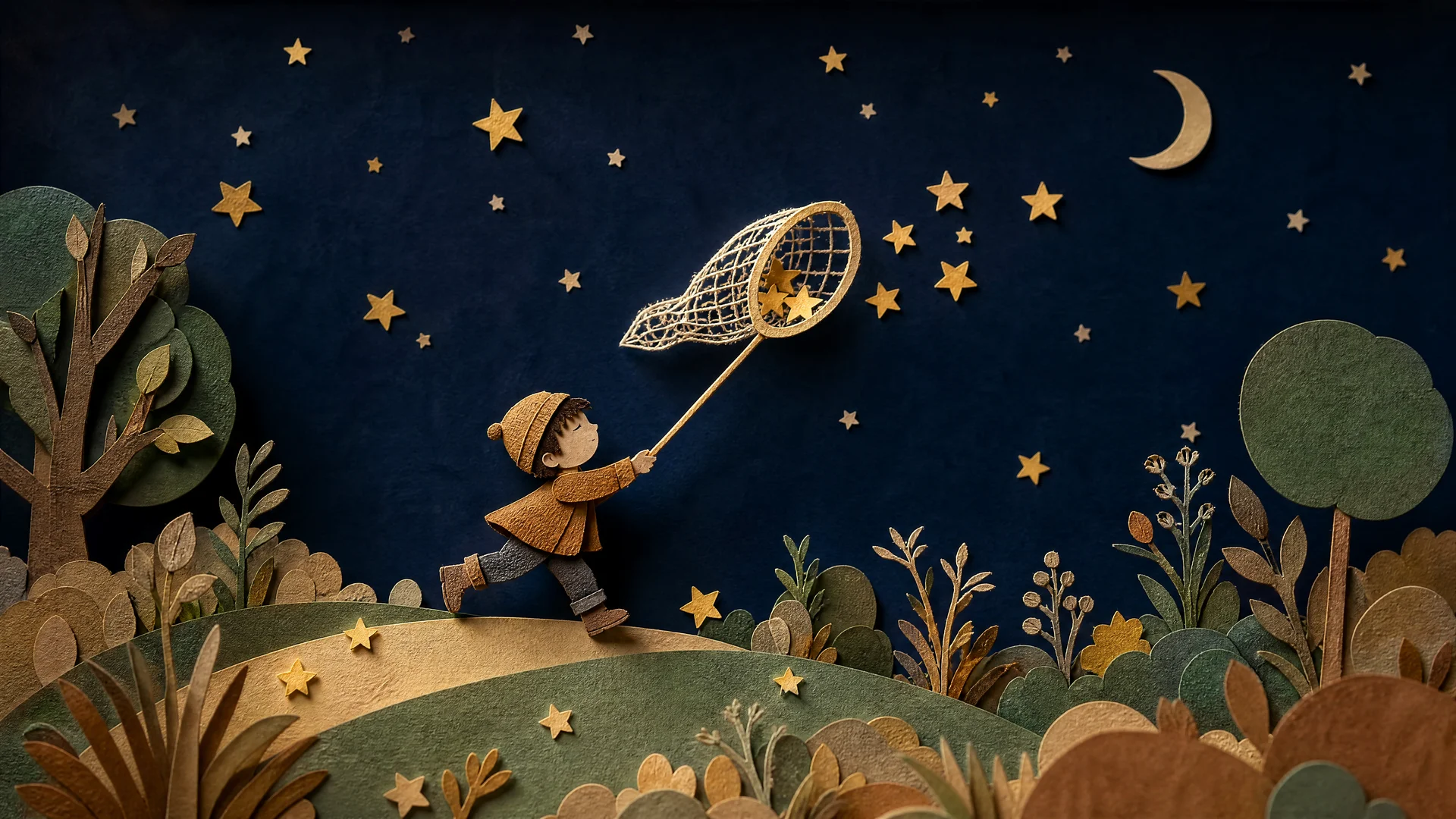 Формат 16:9. Фотография миниатюрной handmade paper diorama в стиле stop-motion animation set. Волшебная ночная сцена, полностью сделанная вручную из вырезанной бумаги, картона и многослойных бумажных деталей. Не реалистичный пейзаж, не CGI, не 3D-рендер, 