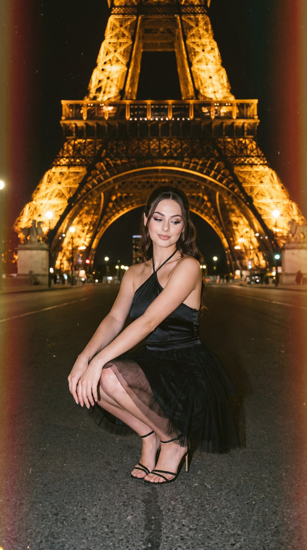 А girl crouching centered under the illuminated Eiffel Tower at night, medium-full shot (full figure while crouched) from a slightly low, frontal angle with symmetrical framing; she balances on black strappy stiletto sandals, knees together, torso upright