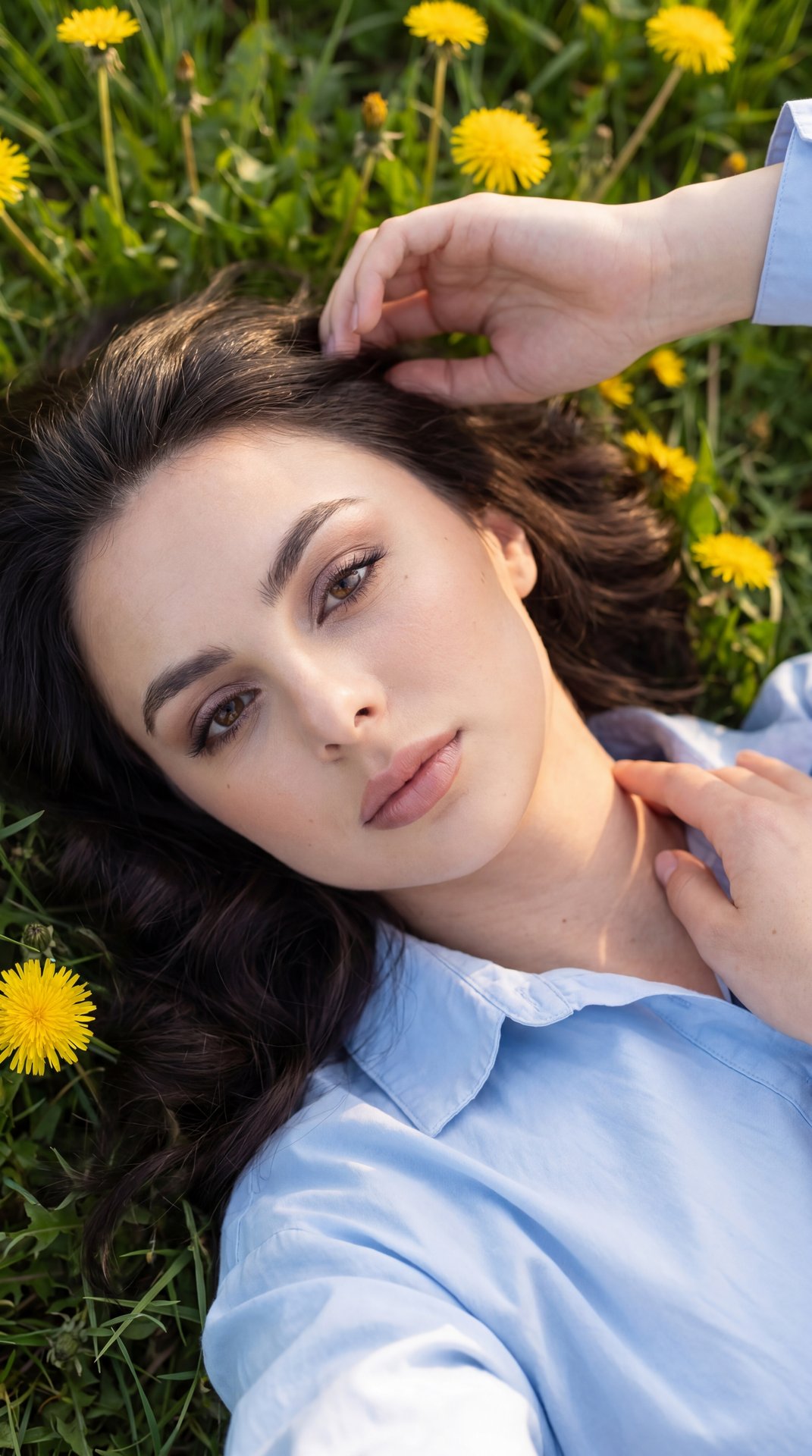 POV hyperrealistic 9:16 selfie, tight close-up while lying on a green meadow with yellow dandelions; invisible camera at arm’s length slightly above eye level, angled down; same outfit: light powder-blue cotton button-up with a soft collar, natural fabric