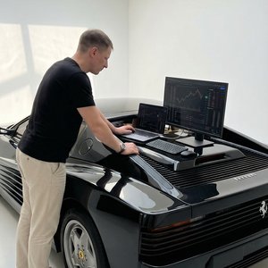 На изображении представлен мужчина, стоящий рядом с черным спортивным автомобилем, который используется как рабочее место. Автомобиль, похожий на модель Ferrari 849 Testarossa 2026 года, имеет глянцевую черную окраску и оснащен характерными элементами диз