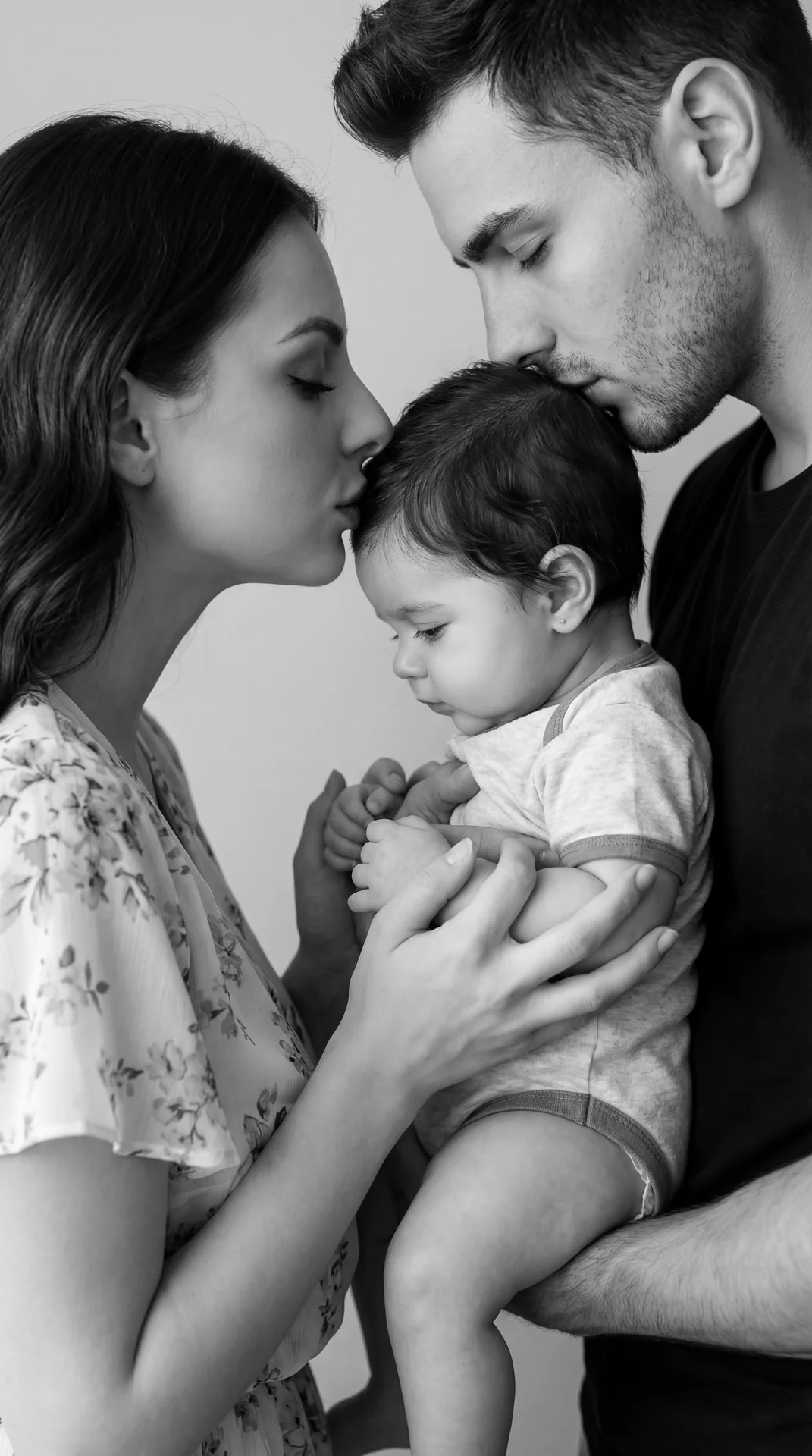 Professional black-and-white portrait, eye-level side-profile close-up (tight framing, landscape), indoors by a plain wall, intimate calm mood; mother on the left leans in with torso angled slightly forward, head tilted right, eyes closed, lips gently pre