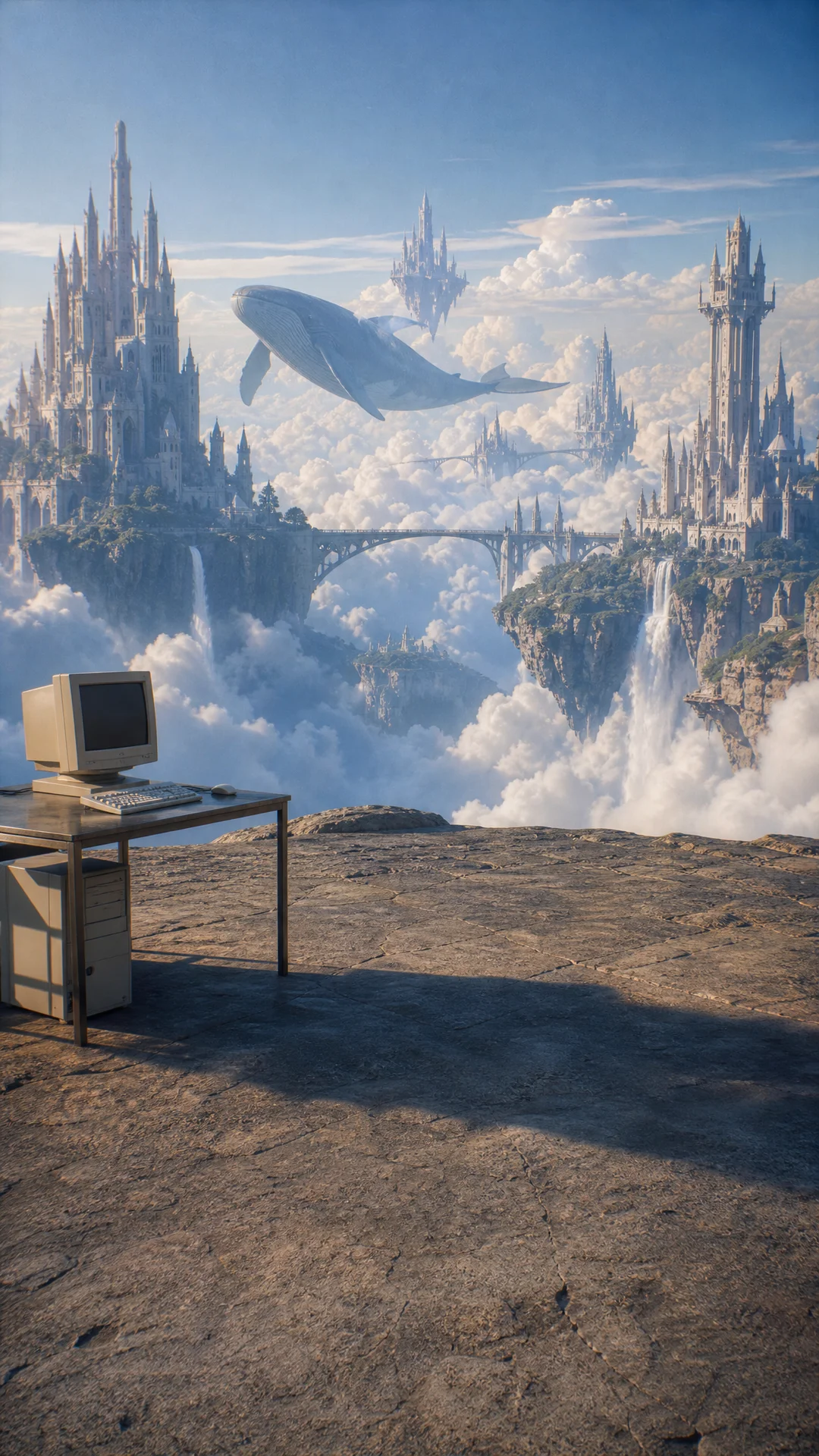 Create a surreal cinematic dreamcore scene high above the clouds, rendered as a believable real photograph.


In the foreground there is a WIDE, FLAT rocky platform, at least 4–5 meters deep from the camera to the cliff edge.


The platform must feel spac