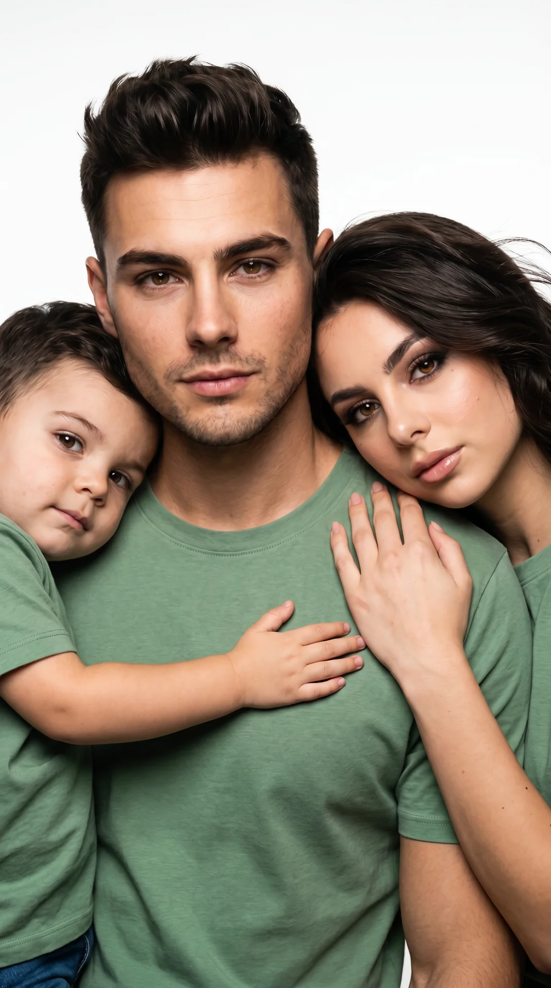 An ultra-realistic, close-up studio portrait, intimate and emotional, with no alterations to facial features. Three people fill the frame from edge to edge. The man is centered, looking forward, calm and confident. The woman has her head on his shoulder, 