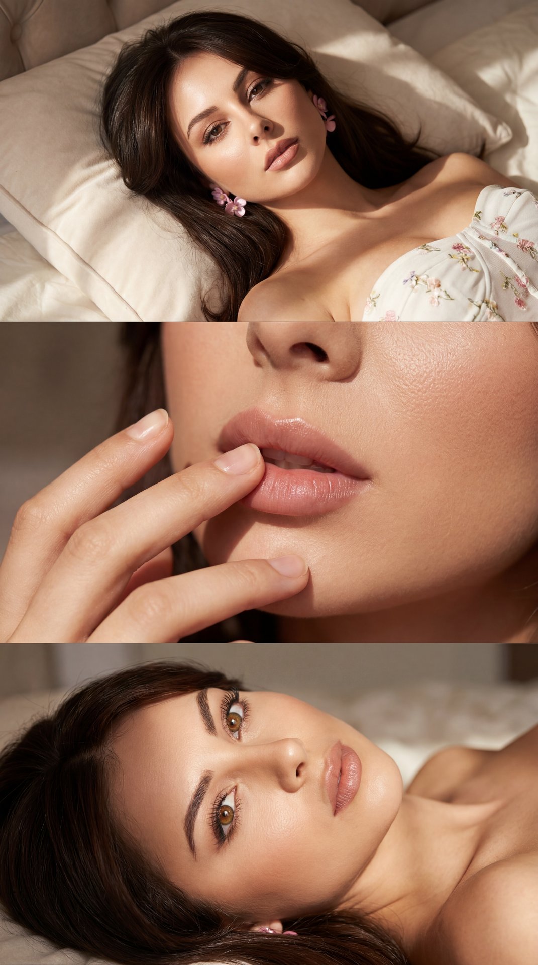 The image is a collage of three vertical shots, focusing on a young woman in soft, warm lighting.

**Top Image:** The woman is lying on her back on a bed, her head resting on a pillow. Her dark hair falls loosely around her face. She is looking directly a