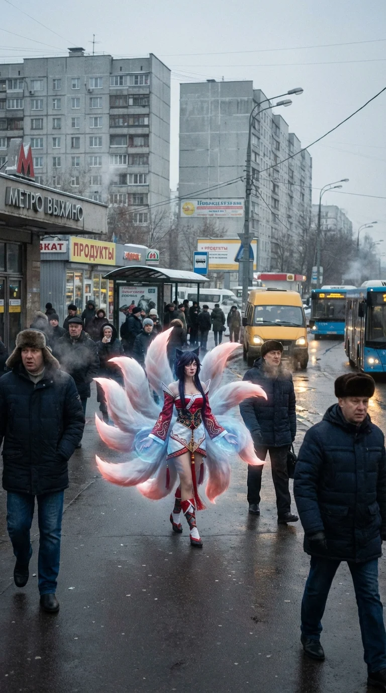 A highly detailed cinematic scene of Ahri standing near Vykhino metro station in Moscow. Urban post-Soviet environment, gray concrete buildings, crowded street, Russian signs in Cyrillic, buses and marshrutkas nearby. Cold weather атмосphère, слегка пасму