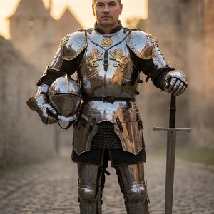 Full-body photorealistic cinematic portrait of the man from the reference image, maintaining 1:1 exact facial likeness, features, and anatomical proportions without changes. He is portrayed as a noble medieval knight standing on a cobblestone street of a 