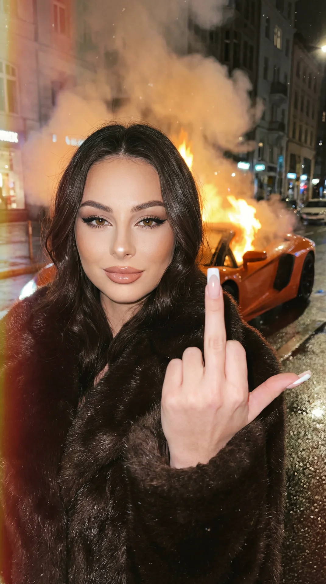 A girl, close-up portrait, selfie-style framing but shot on a professional camera, slight high-angle lens. Standing posture. Right hand raised in the immediate right foreground, back of the hand facing the camera, middle finger clearly extended upwards in