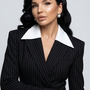 Luxury high-fashion studio portrait of a glamorous woman posing confidently against a clean light gray background. She has voluminous side-swept hair styled in soft Hollywood waves, luminous skin, sculpted cheekbones, winged eyeliner and nude glossy lips.