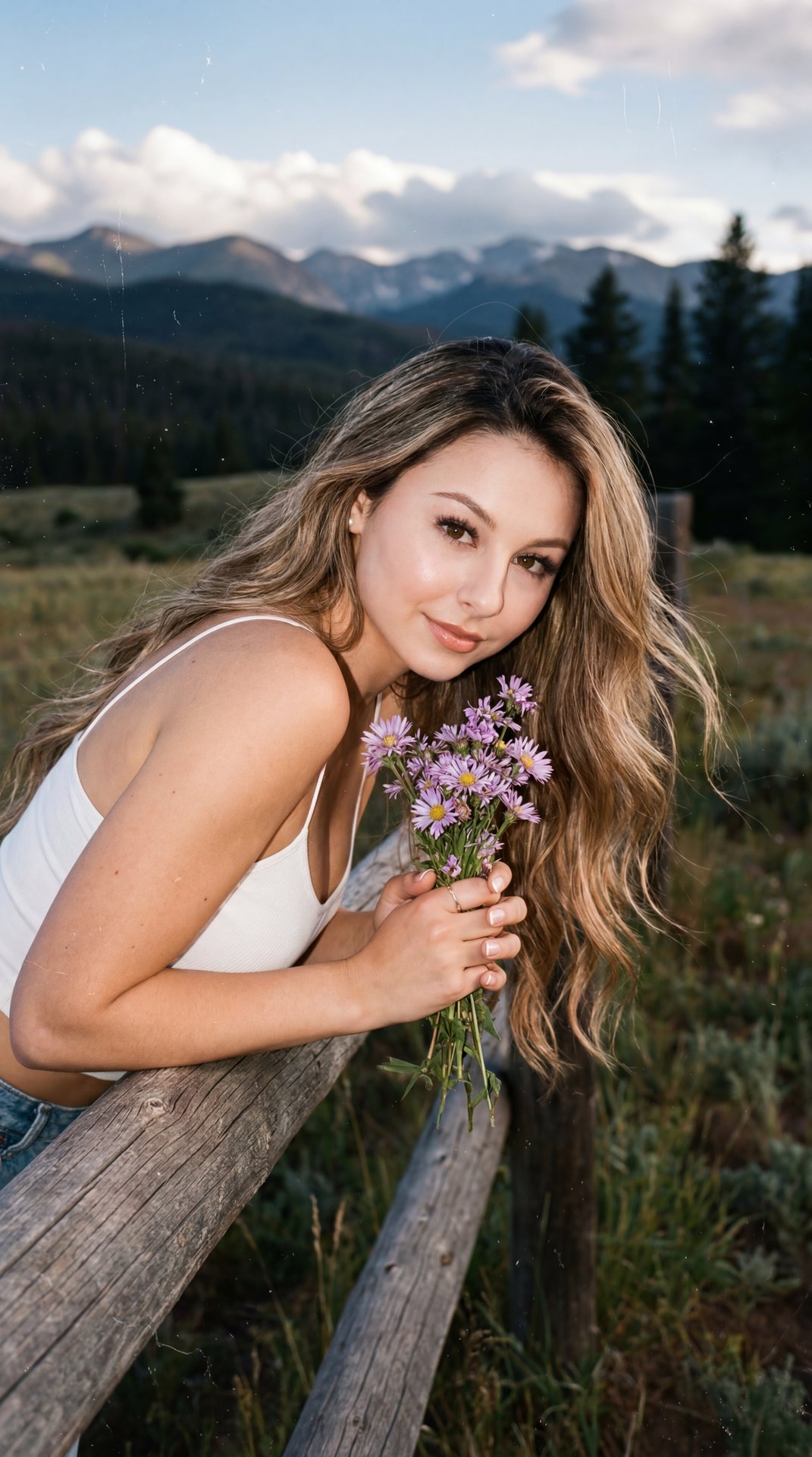 Create image: use the attached image as the main facial reference with high precision while preserving exact facial structure, recognizable identity, facial proportions, skin tone, and natural asymmetry.

A dreamy countryside photograph captured during a 