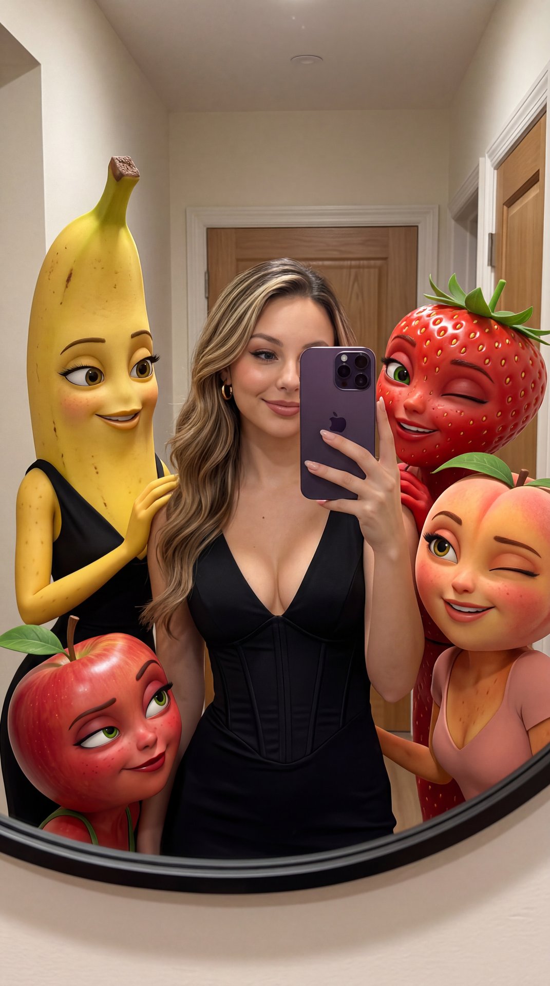 Vertical mirror selfie 1:1 indoors, photorealistic young woman (match identity to attached photo reference) in center, long hair, elegant makeup, slight half-smile, gold hoop earrings. She wears a black elegant V-neck dress with corset top, "evening casua