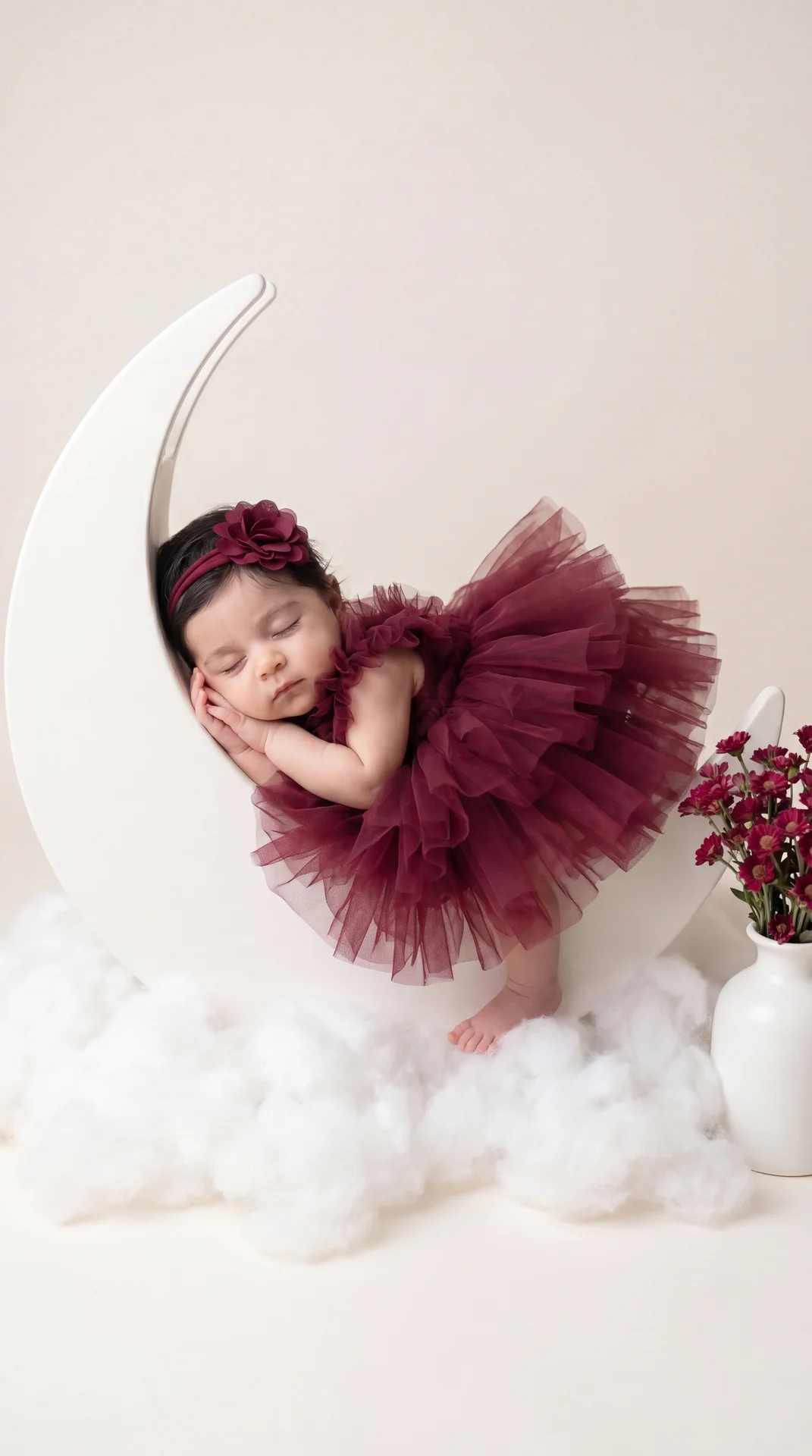 Professional studio newborn portrait, portrait orientation, full-body shot, slightly high angle, straight-on framing; sleeping baby on a matte white crescent-moon prop; side-lying fetal curl; head gently tilted forward to the left, eyes closed facing left