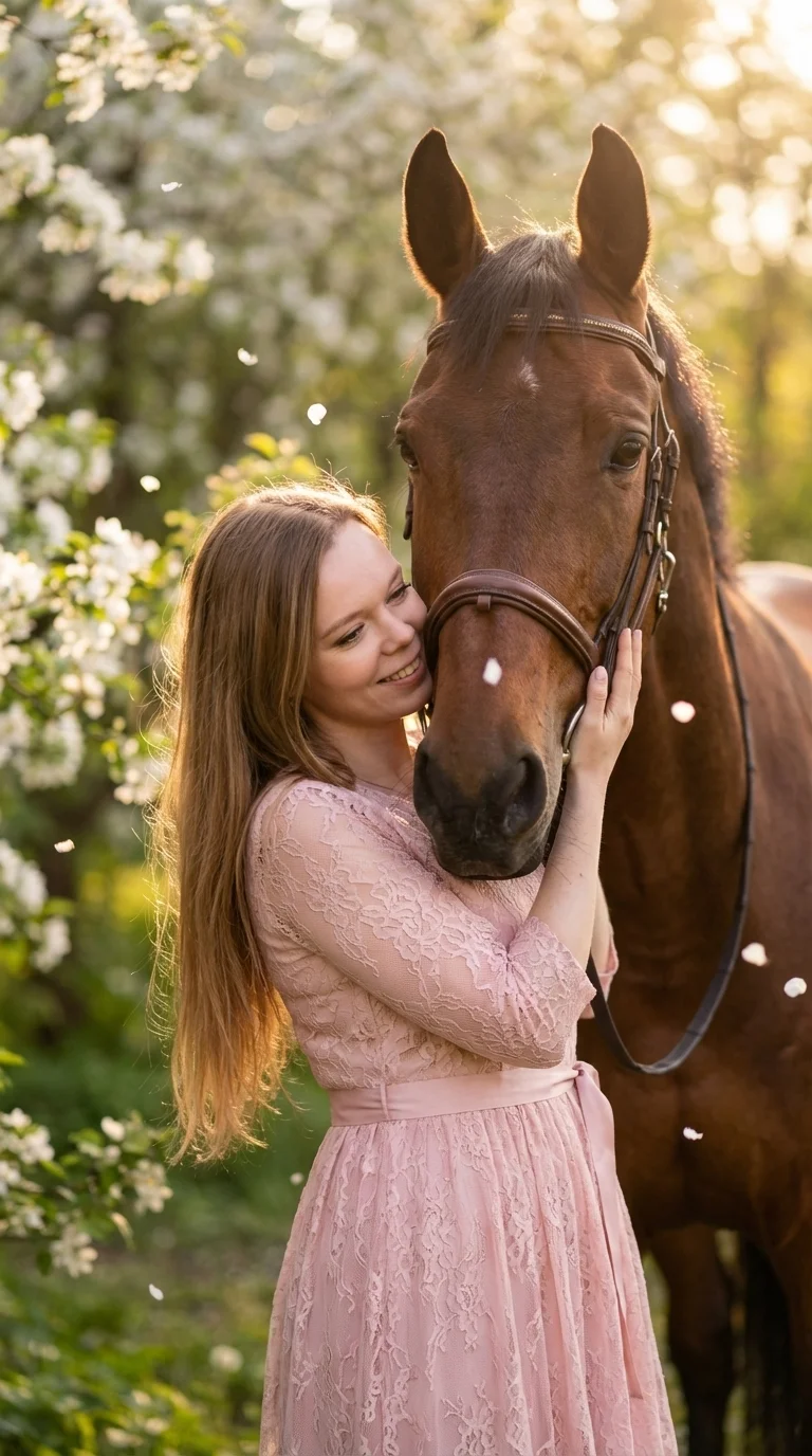 Ultra-realistic cinematic photography of a young woman with long straight light brown hair. She is wearing a soft pink lace dress with a delicate ribbon belt. She is standing in a tender embrace with a majestic brown bay horse, gently resting her cheek ag