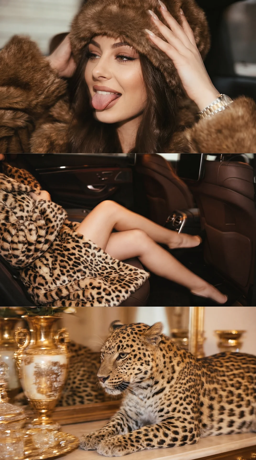The image is a collage of three distinct scenes, each exuding an aura of luxury and wildness.

1. **Top Section**: A person, possibly a woman, is seen in close-up, wearing a furry hat. Her expressive face is turned to the side, with a playful gesture as h