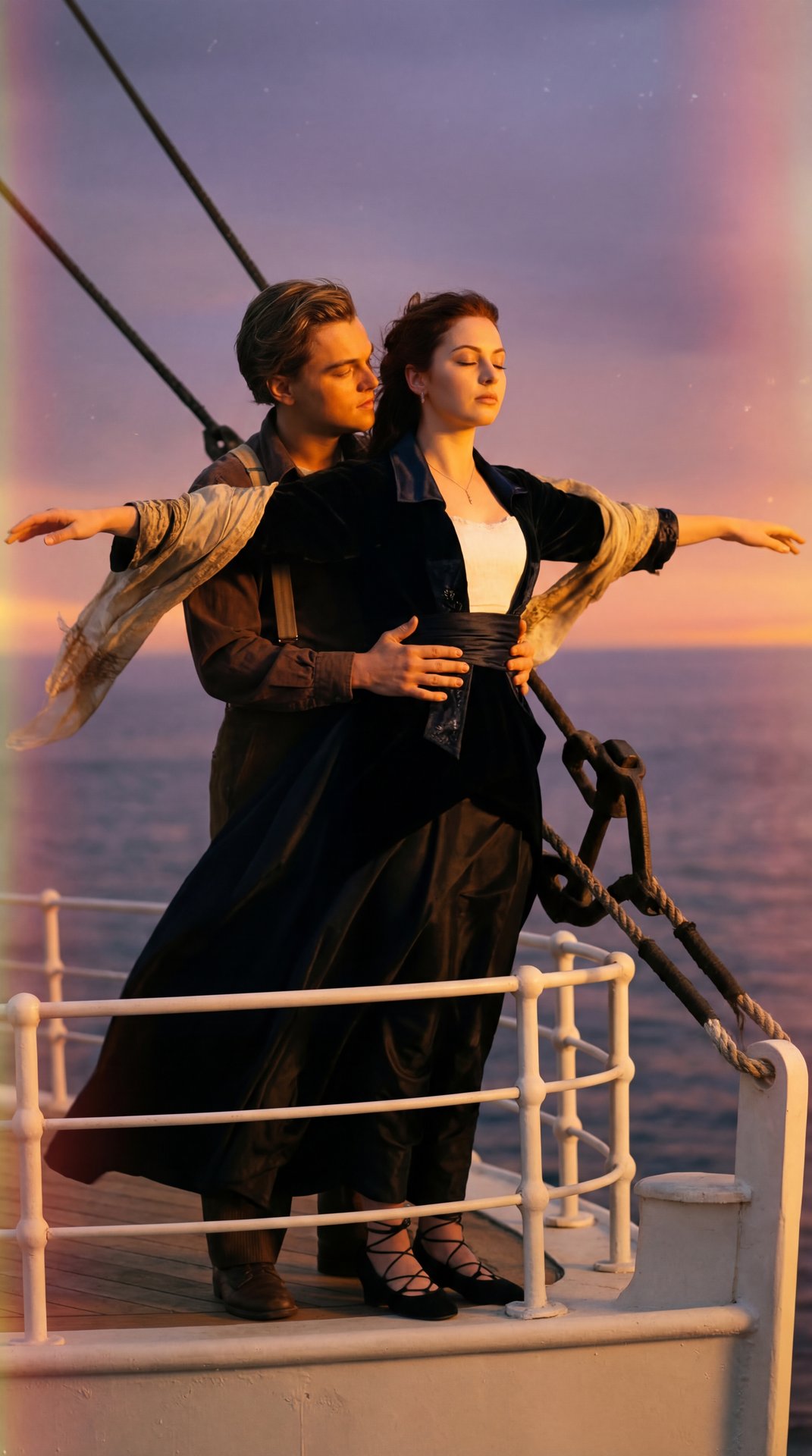 A girl is standing at the bow of a ship during sunset, posed as if embracing the wind with her eyes closed and head tilted slightly upward, exuding a serene and peaceful expression. Her arms are extended outward horizontally, parallel to the horizon, with