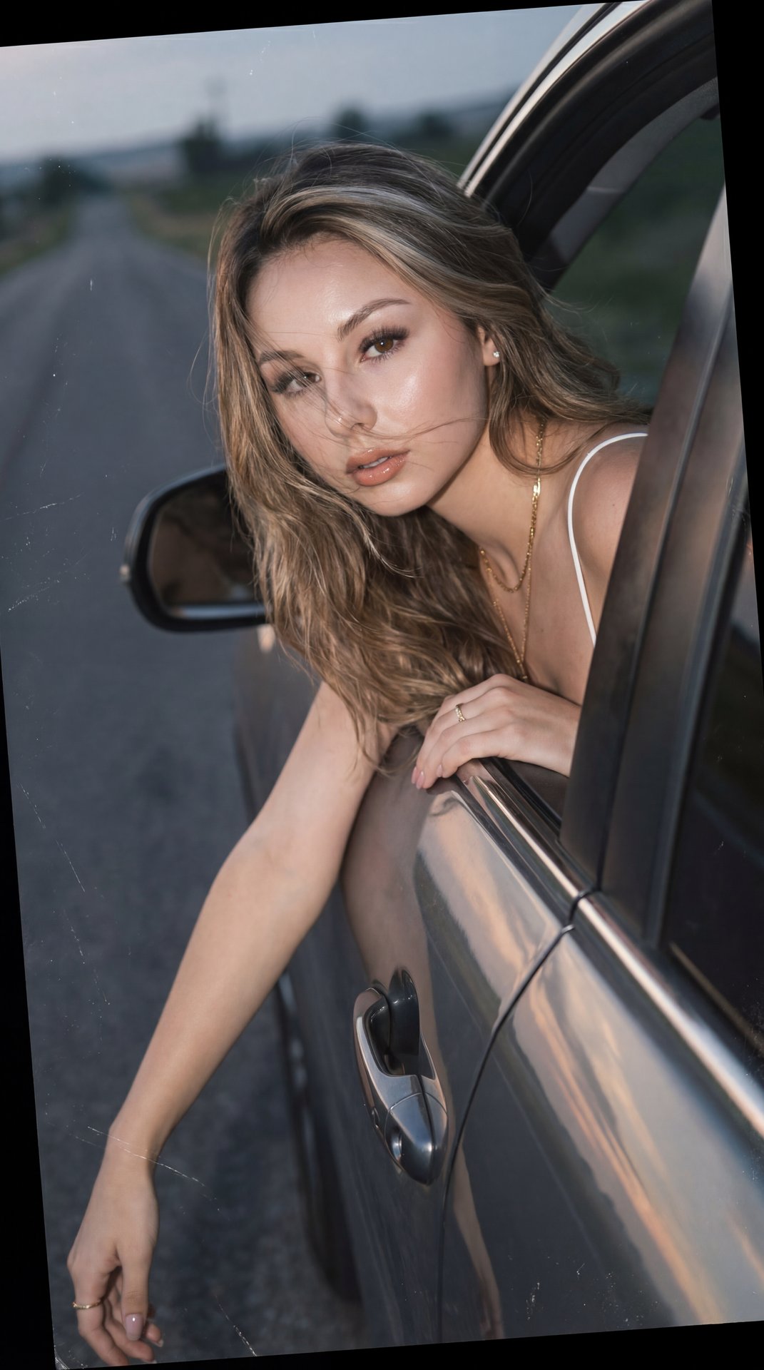 Create image: use the attached image as the main facial reference with high precision while preserving exact facial structure, recognizable identity, facial proportions, skin tone, and natural asymmetry.

A dreamy roadside photograph captured during a qui