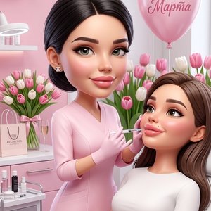 Миловидная девушка в 3D\-карикатурном стиле с крупной головой и реалистичными чертами лица, девушка косметолог стоит на рабочем месте в нежно розовой униформе , она делает уколы красоты в губки девушки пациентке , воздушный шар нежно розового  цвета с над