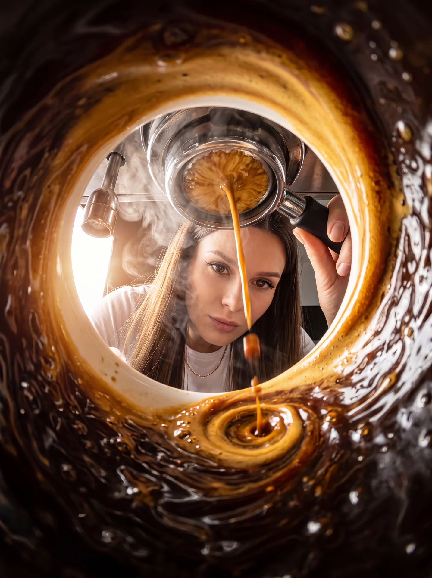 A barista pouring hot espresso into a cup, viewed from an impossible camera angle placed inside the cup at the bottom. The camera sits below the swirling coffee as crema forms, with hot steam, swirling liquid, and ceramic edges dominating the view and nat