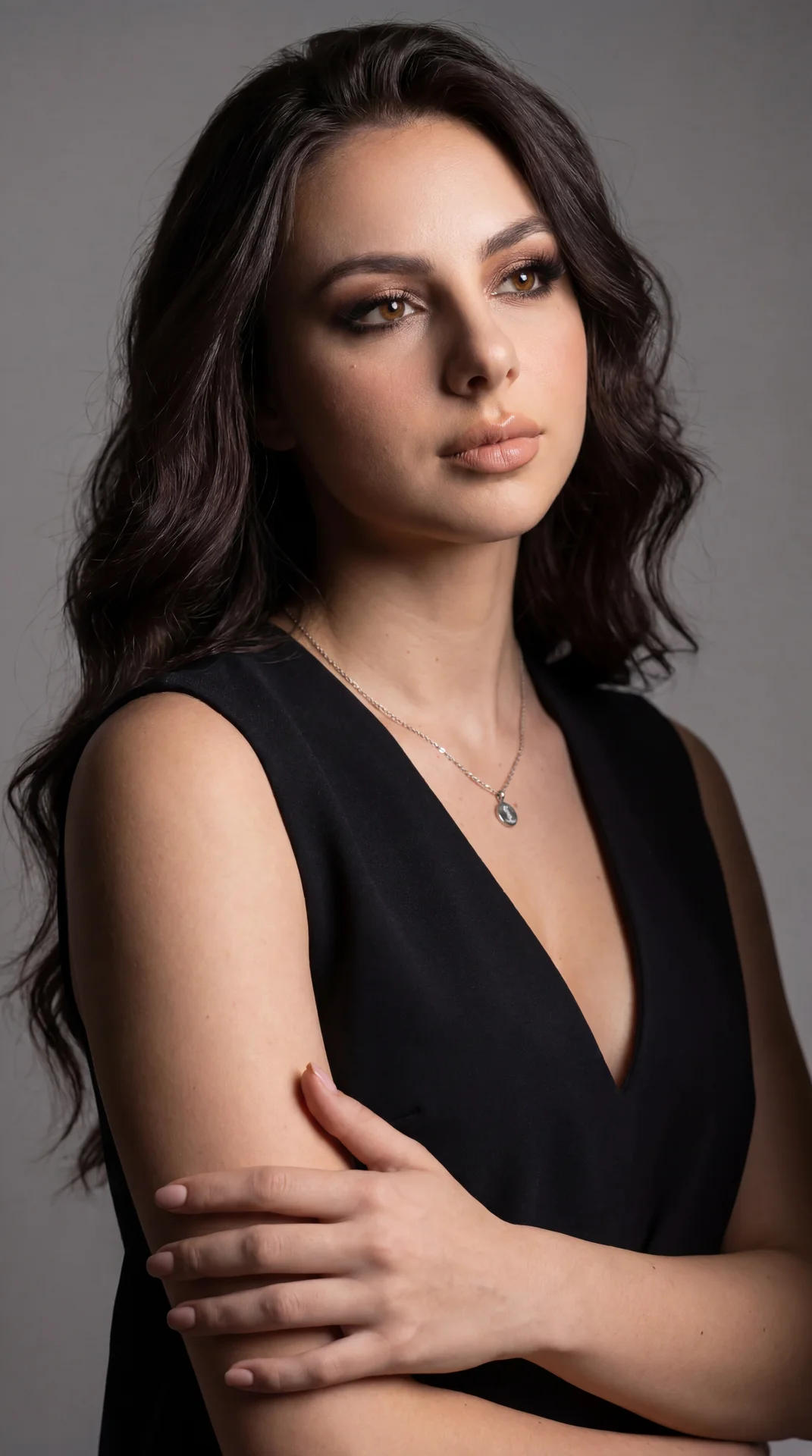 Professional studio beauty portrait, vertical tight medium close-up (chest-up), eye-level camera, three-quarter view with torso angled about 30° toward the right side of frame; head slightly tilted back and toward camera, gaze lifted off-camera to the upp