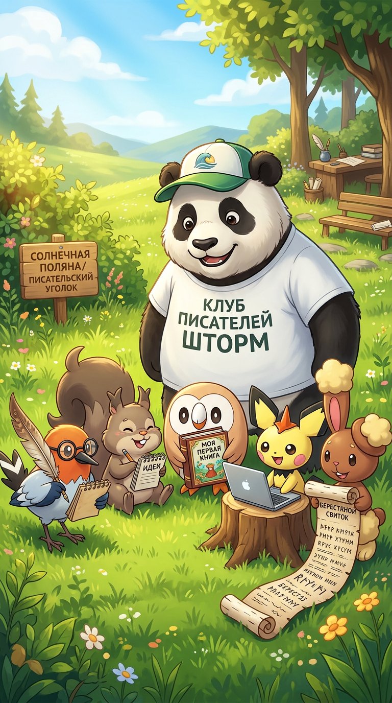 Создай забавных покемонов-писателей . 
У одного - перо. У другого блокнот, у третьего - готовая книжка, у четвëртого , ноутбук  у пятого берестянной свиток. 
Среди них стоит большой панда в футболке " Клуб писателей Шторм" И с летней кепочкой на голове. 
