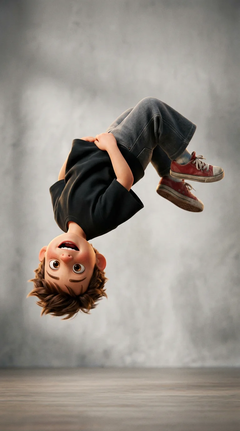 3D-анимация качества Pixar, мальчик 6 лет каштановые волосы, выразительные глаза, детализированное лицо, кинематографическое освещение, красочный, анимационный персонаж фильма
Мальчик  в черной оверсайз футболке , широких серых джинсах. Делает сальто
Серы