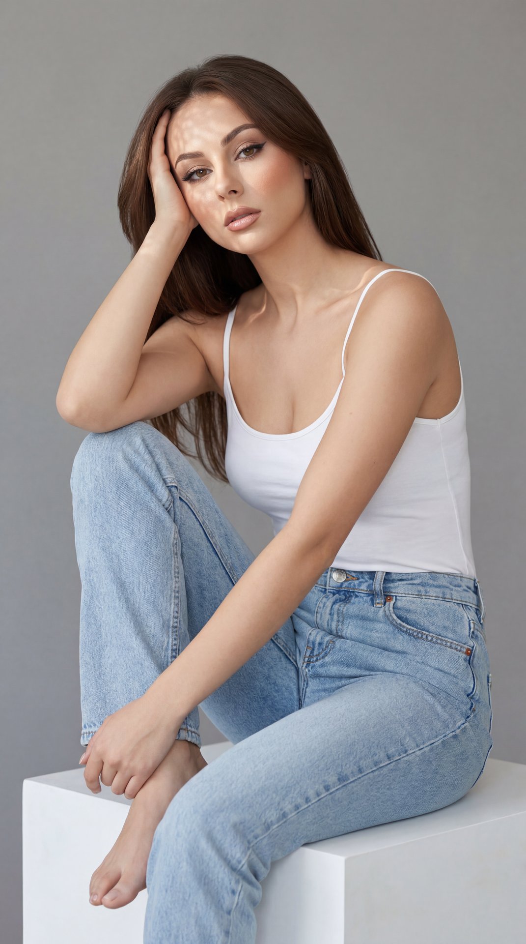 Professional studio portrait, eye-level camera, three-quarter seated shot, 85mm prime, f/2.8, soft diffused softbox lighting, neutral gray seamless backdrop, minimal editorial mood; woman seated on a white cube wearing a white fitted cami with thin straps
